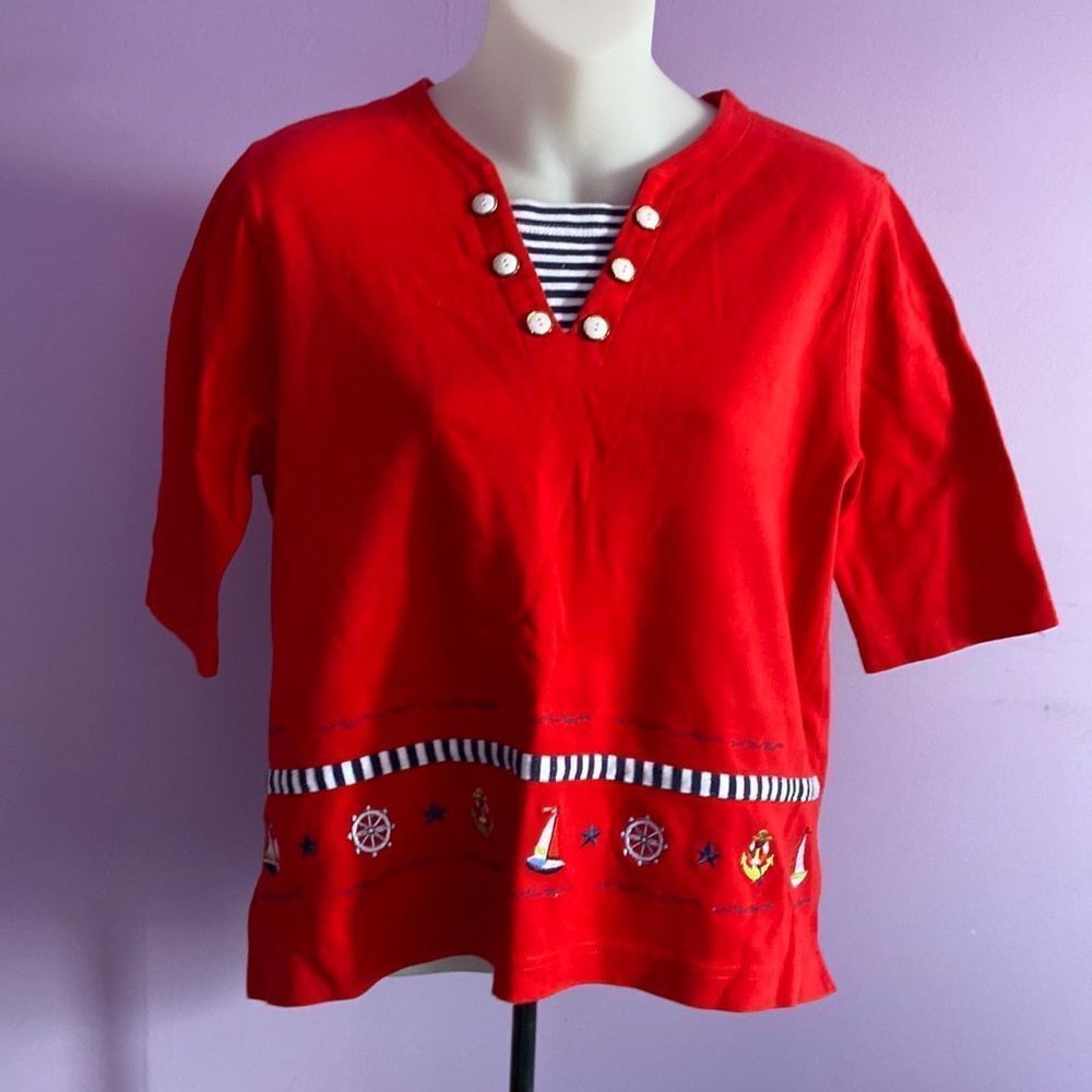 BonWorth Women’s Red Nautical Blouse Short Sleeve Size XSP